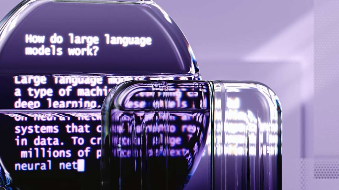 Close-up of a glass sculpture beside a monitor showing text about how large language models work.