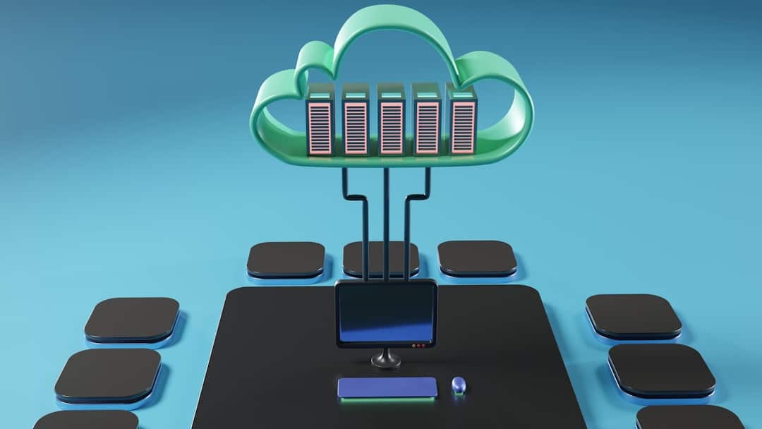 Cloud hosting concept: servers arranged under a green cloud above a central workstation.