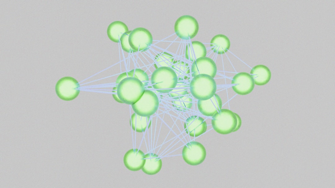 Three-dimensional network graph with green nodes connected by pale blue edges in a web-like cluster.
