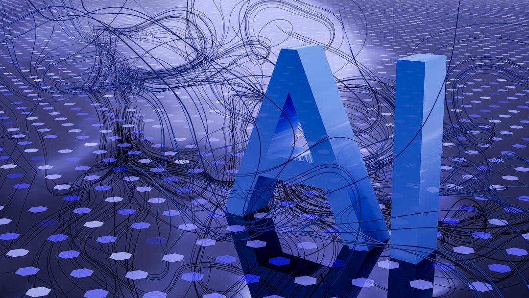 Blue three-dimensional 'AI' letters amid a tangle of black wires on a digital purple background.