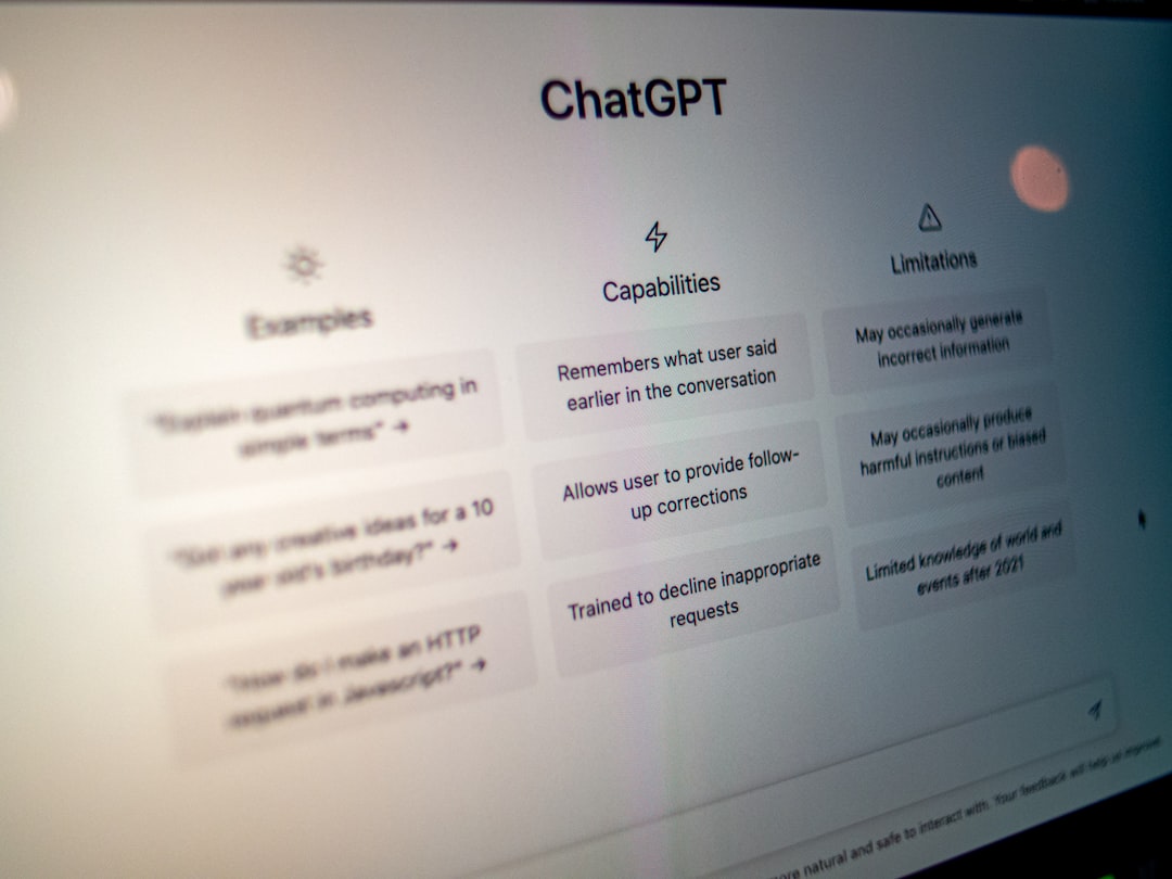 Screenshot of ChatGPT interface with three columns: Examples, Capabilities, Limitations and sample cards beneath each heading.