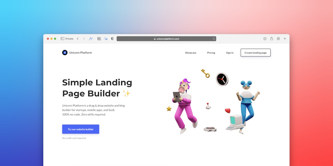Screenshot of a browser window showing Unicorn Platform's Simple Landing Page Builder hero with bold left headline and 3D characters on the right against a white page on a blue-pink gradient background.