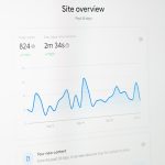 Site overview dashboard: line graph of daily page views over past 28 days with 824 views and 2m34s average duration.