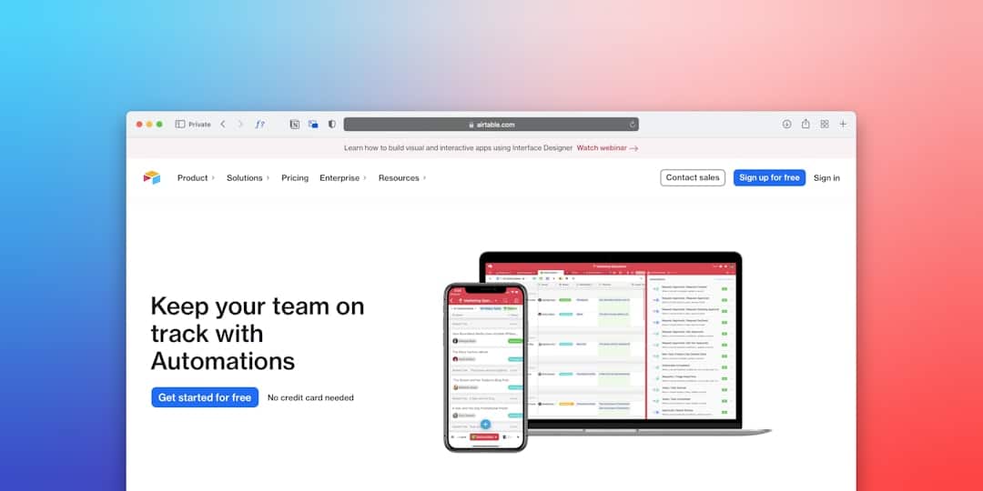 Marketing hero showing Airtable automation feature on desktop and mobile devices against a blue-pink gradient backdrop.