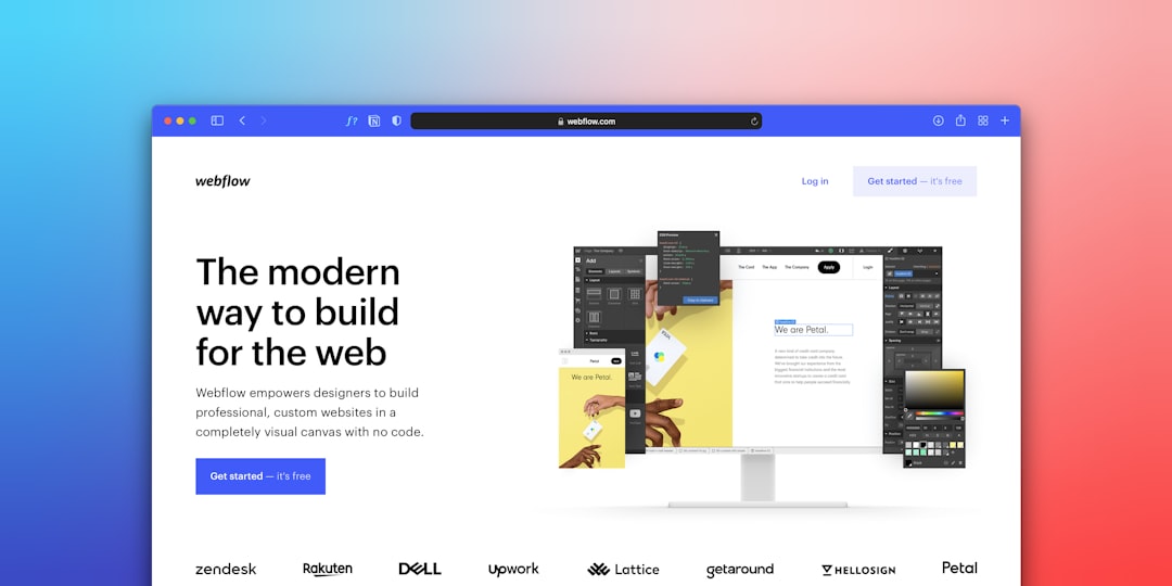 Hero section showing Webflow’s modern web design platform on a white page with a large headline and floating product mockups on a monitor, set against a blue-to-pink gradient background.