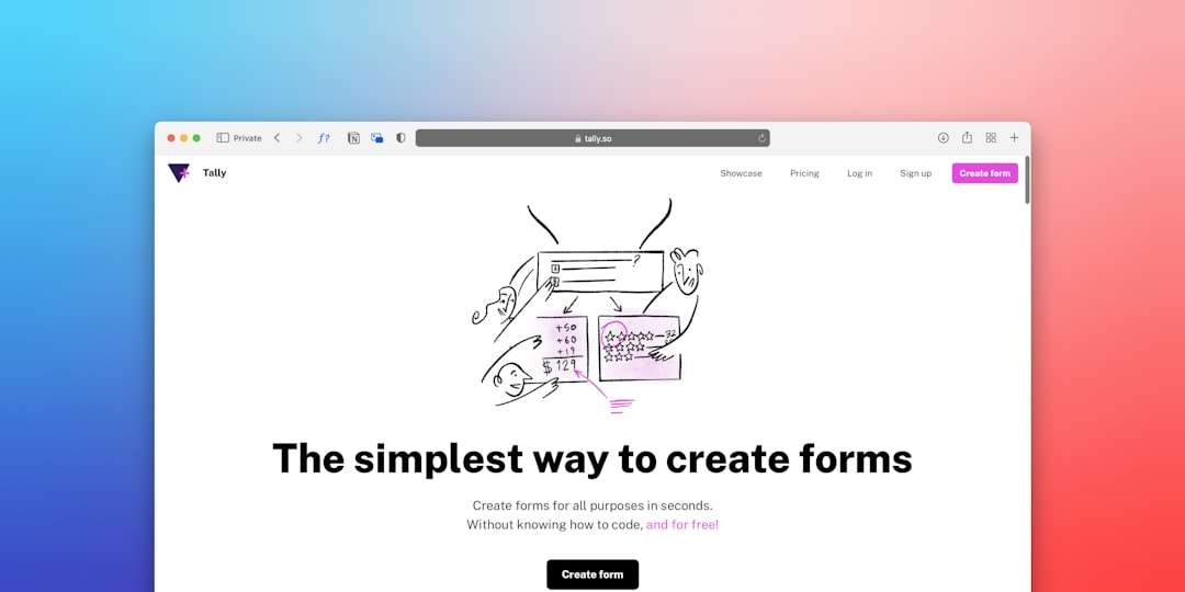 Tally form builder homepage hero with a hand-drawn illustration and the headline 'The simplest way to create forms'.