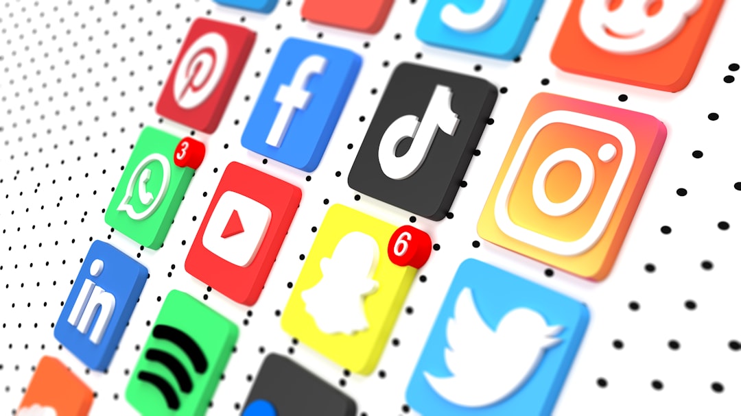 Grid of colorful social media app icons with notification dots on a dotted white background, showing platforms like Facebook, Instagram, TikTok, Snapchat, Twitter, LinkedIn, YouTube, WhatsApp, and Spotify.