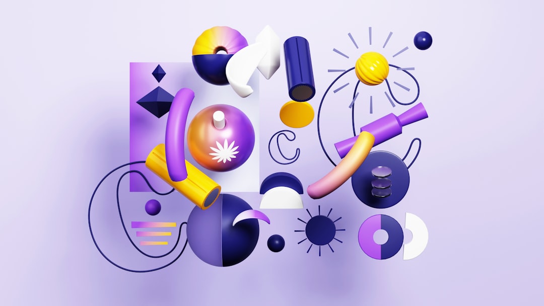 Abstract 3D sculpture of colorful geometric shapes and tubes on a pale purple background.