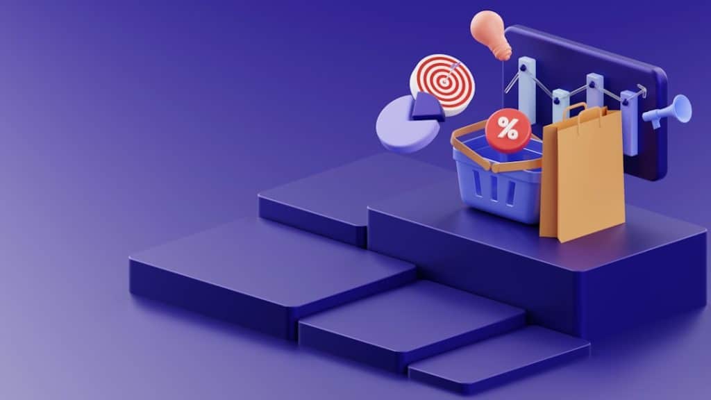3D purple ecommerce-themed scene with a shopping basket, discount icon, shopping bag, target, and chart on a stepped platform against a purple gradient.