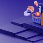 3D purple ecommerce-themed scene with a shopping basket, discount icon, shopping bag, target, and chart on a stepped platform against a purple gradient.