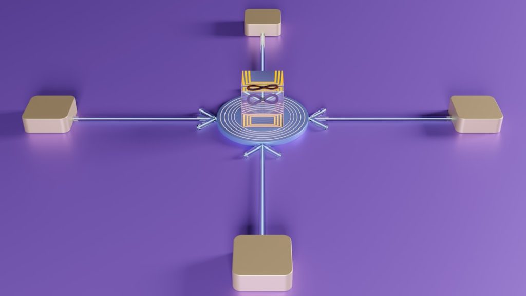 Purple, five-node cross-network with spokes to surrounding blocks; center is a transparent cube containing a book and glasses, signaling knowledge sharing.