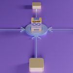 Purple, five-node cross-network with spokes to surrounding blocks; center is a transparent cube containing a book and glasses, signaling knowledge sharing.