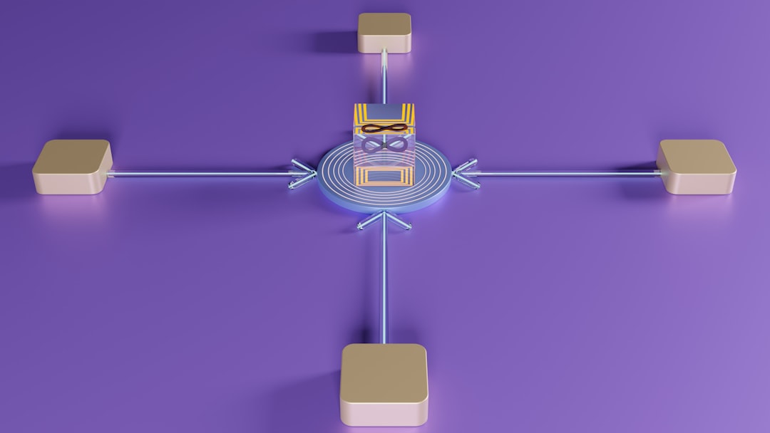 Purple, five-node cross-network with spokes to surrounding blocks; center is a transparent cube containing a book and glasses, signaling knowledge sharing.