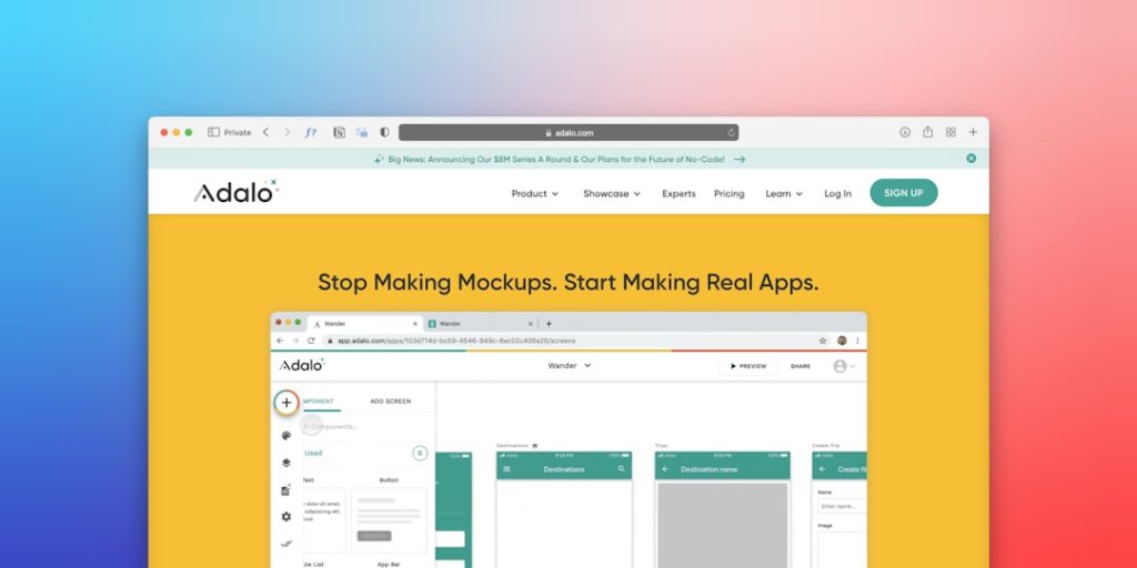 Adalo homepage hero: yellow section with the slogan “Stop Making Mockups. Start Making Real Apps.” and a browser window showing the app builder UI.