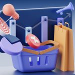 3D illustration of ecommerce growth tools: a rising bar chart, target, basket, shopping bag, and promotional icons showing sales progress.