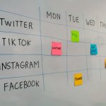 Whiteboard calendar for social media: rows Twitter, TikTok, Instagram, Facebook; Mon–Fri columns with sticky notes labeled CULTURE, FUNNY, FUN FACT, HOW-TO, PRODUCT.