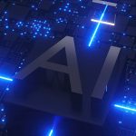 3D 'AI' emblem on a dark pedestal amid a glowing blue circuit-board backdrop, conveying artificial intelligence in tech.