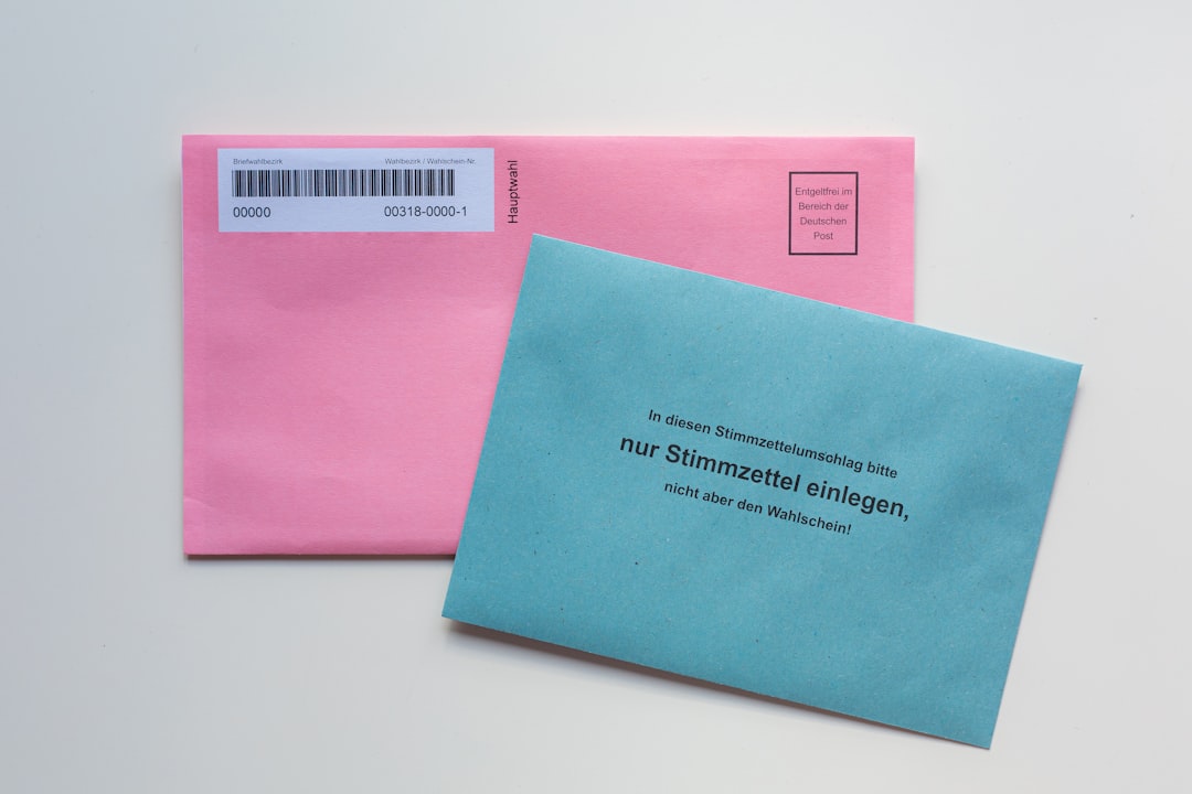 Pink ballot envelope with a blue instruction card; German text directs to insert only the ballot into this envelope.