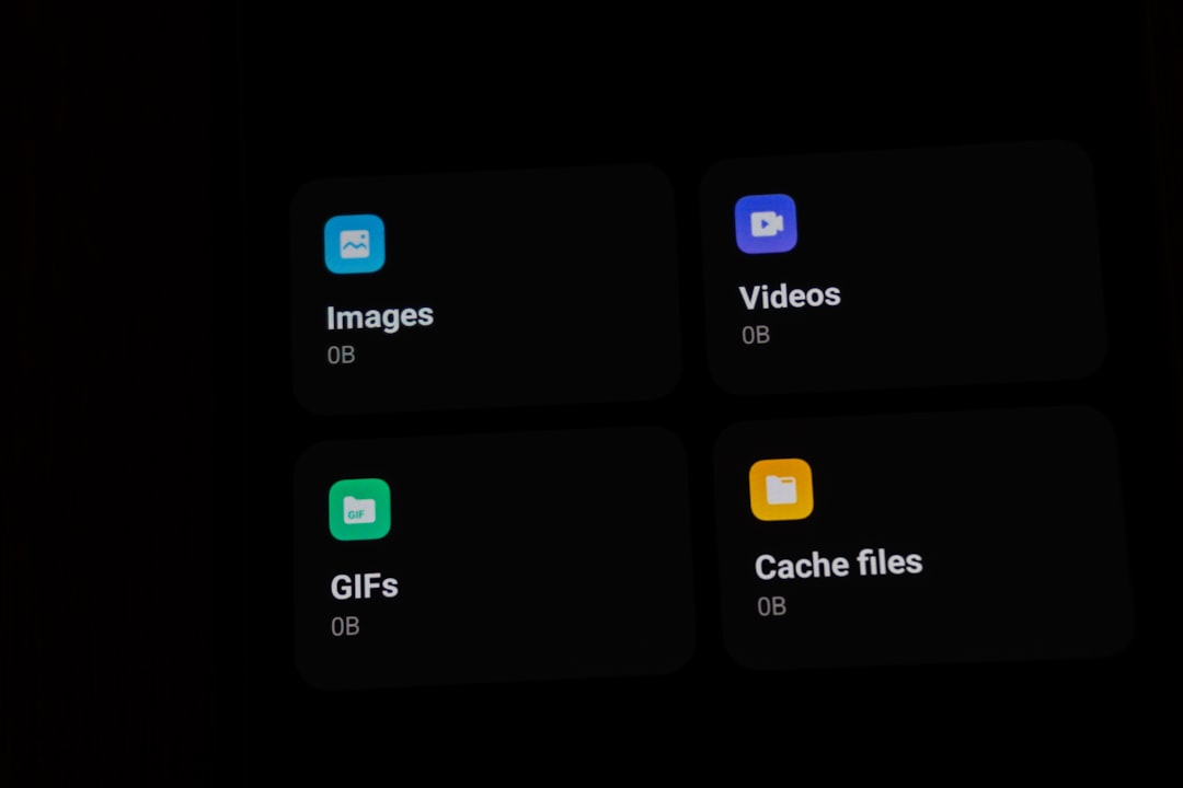 Dashboard with four rounded tiles labeled Images, Videos, GIFs, and Cache files on a dark background (each showing 0B).