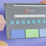 Abstract 3D rendering of a Firefox browser window with a search bar and rows of blue tiles, plus three large pastel panels on a purple backdrop.