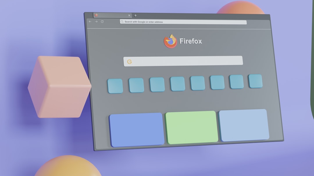 Abstract 3D rendering of a Firefox browser window with a search bar and rows of blue tiles, plus three large pastel panels on a purple backdrop.