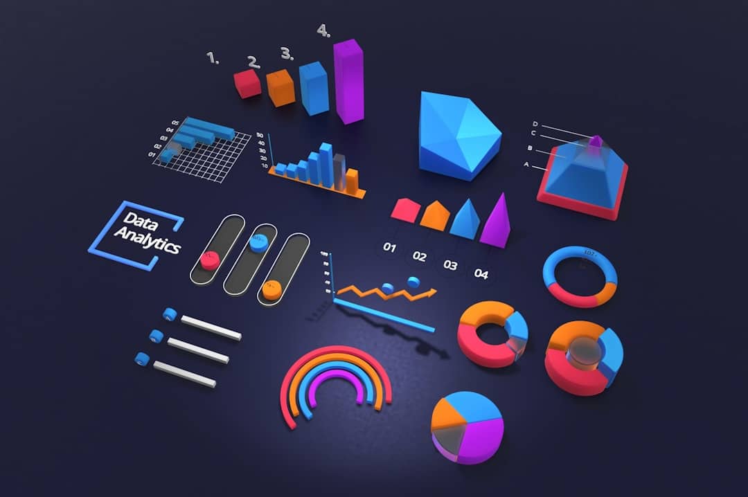 3D colorful data analytics scene with bar charts, pie charts, donut charts, and a 'Data Analytics' label near the left edge.