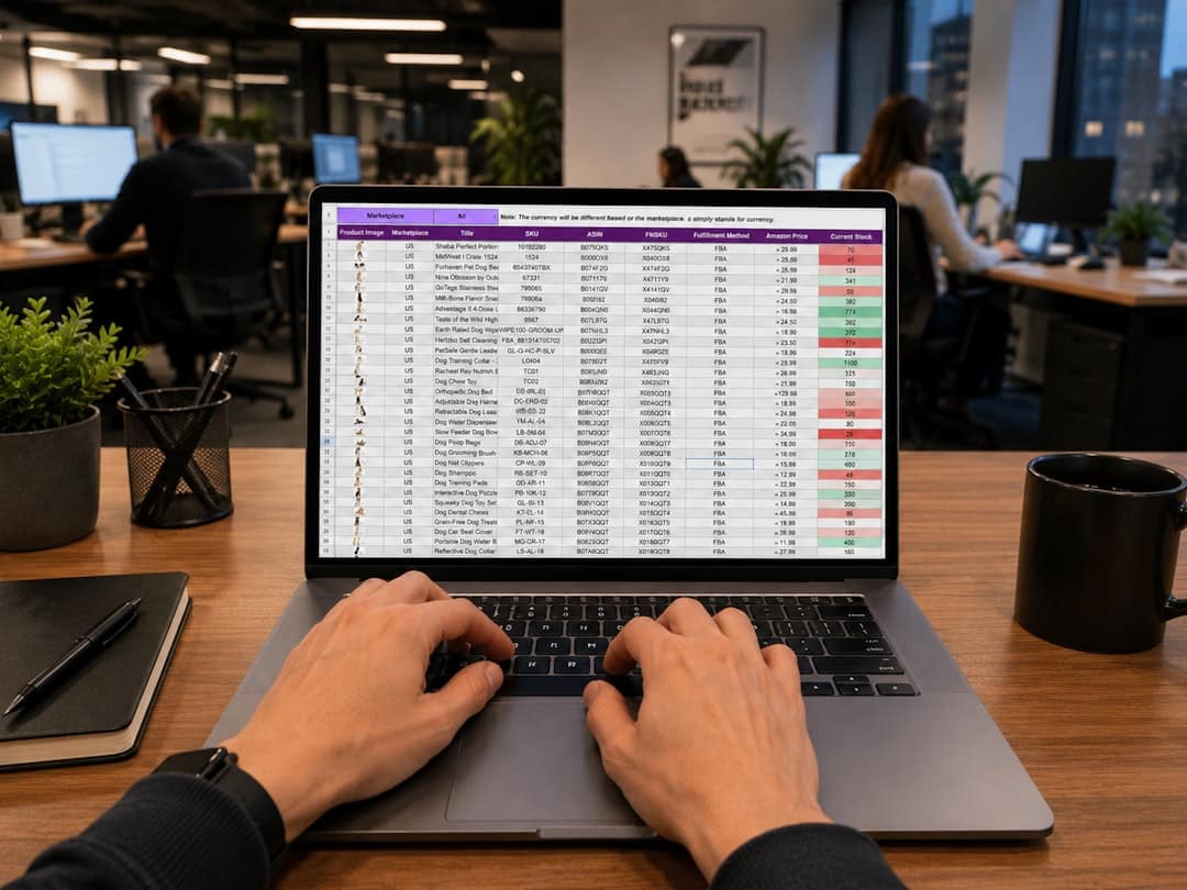 Person typing on a laptop displaying a detailed spreadsheet in an open-office setting, with desks and coworkers in the background.
