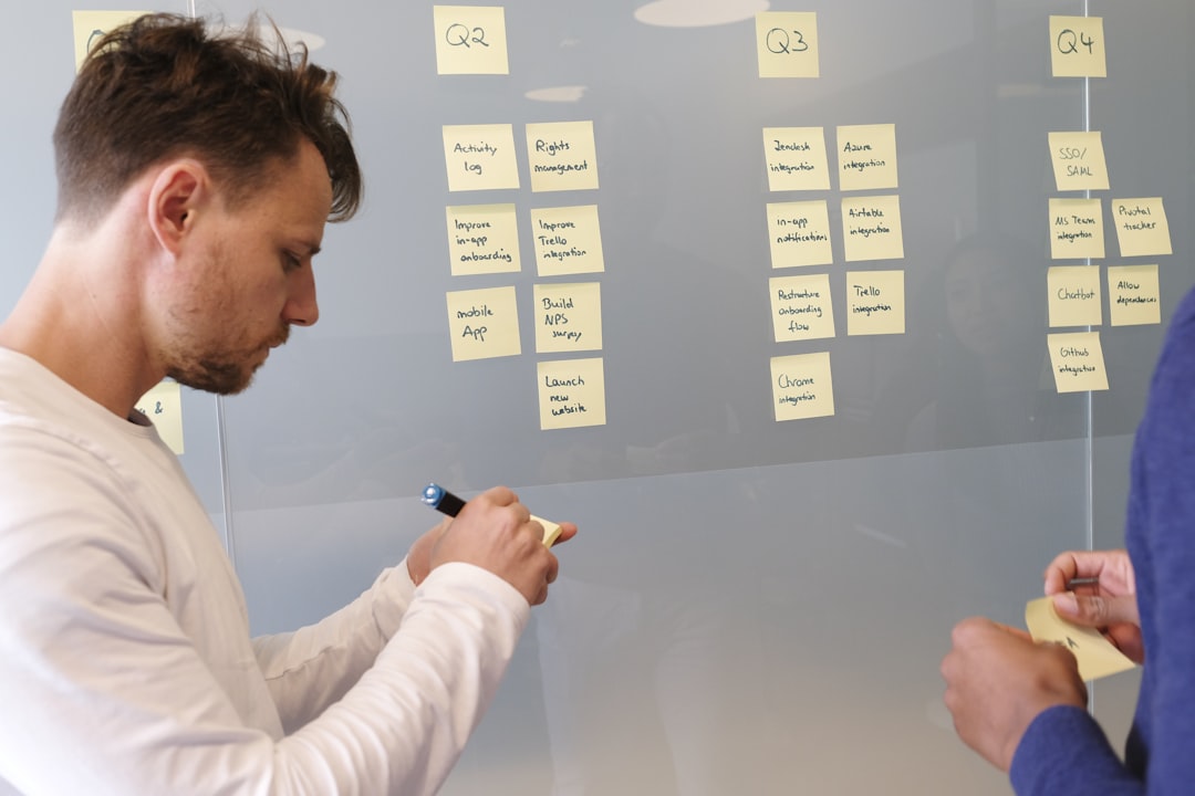 Two people place yellow sticky notes on a glass wall labeled with Q2, Q3, and Q4 during a planning session.