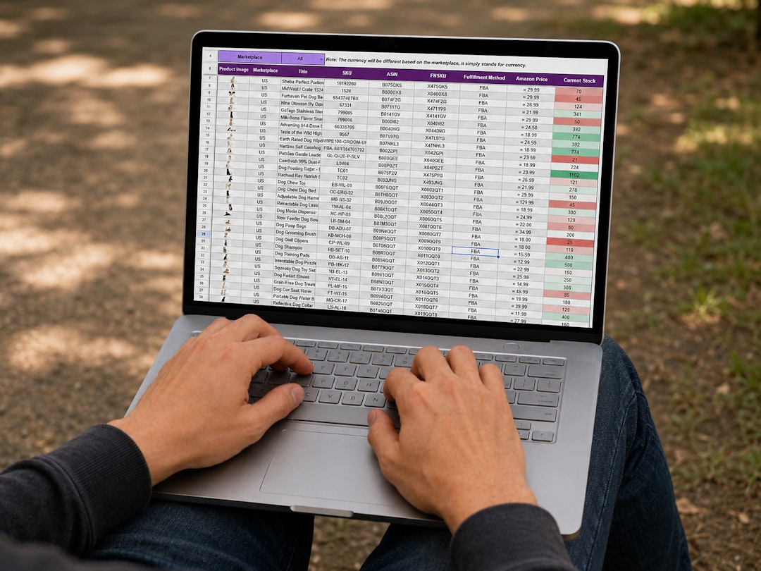 Person sitting outdoors, typing on a laptop that shows a detailed product inventory spreadsheet.