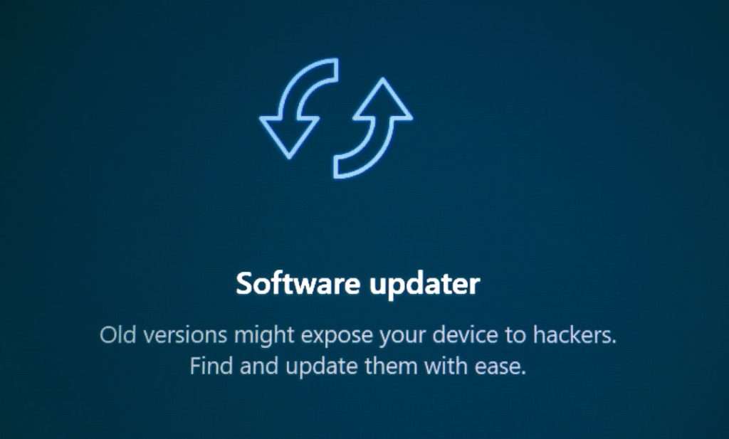 Software updater screen with blue background and recycling arrows, encouraging updating old software to stay secure.