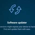 Software updater screen with blue background and recycling arrows, encouraging updating old software to stay secure.