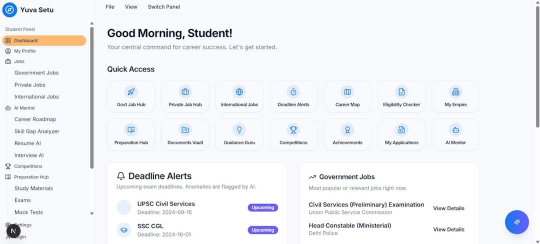 Student dashboard UI showing quick access tiles (Govt Job Hub, Private Job Hub, International Jobs) and sections like Deadline Alerts and Government Jobs on the left panel.