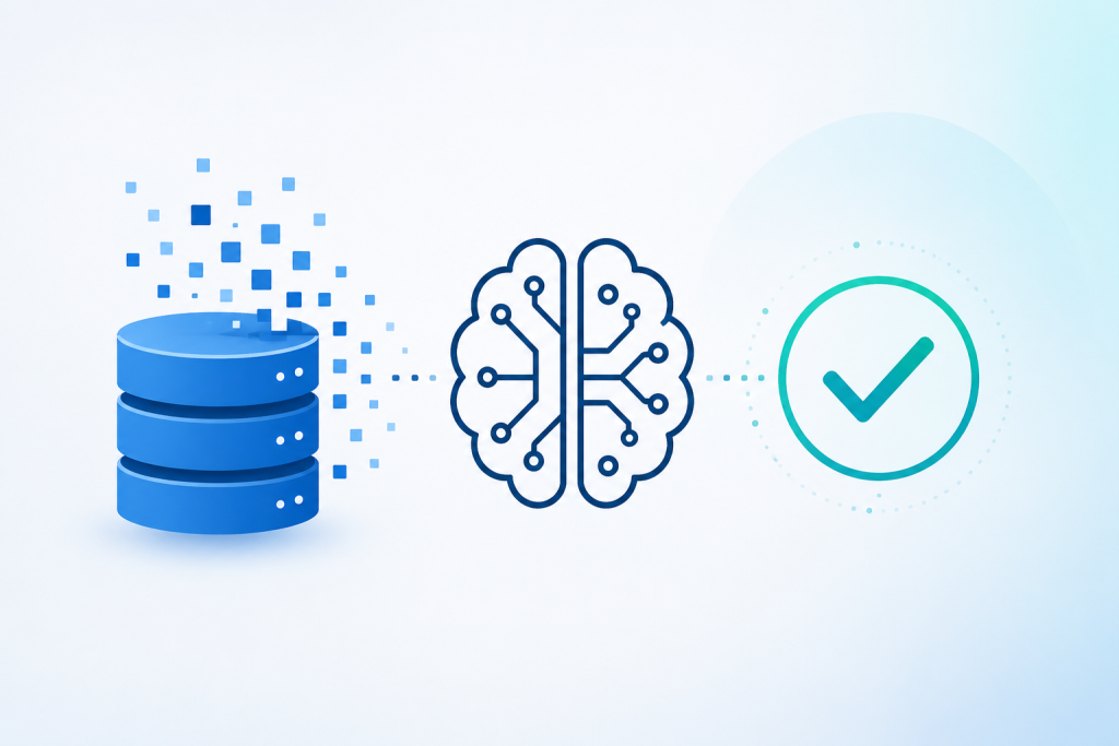 Data storage to AI brain to approval check: database, neural network, and verification success.
