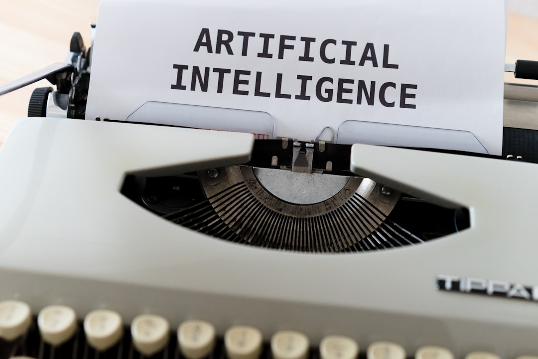 Typewriter with a sheet displaying the words ARTIFICIAL INTELLIGENCE in bold letters