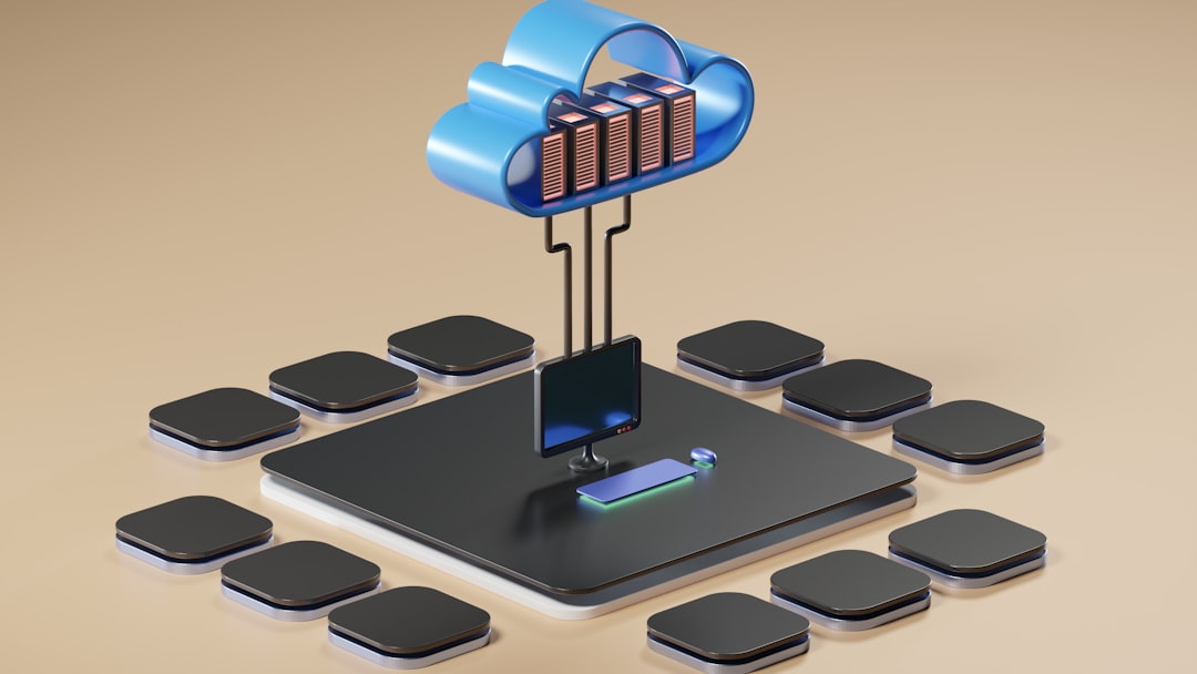 Blue cloud icon connected to a central server hub on a platform, with surrounding square nodes, illustrating cloud networking.