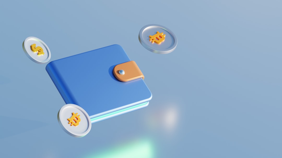 Blue wallet with an orange strap floating in the air, surrounded by floating Bitcoin coins.