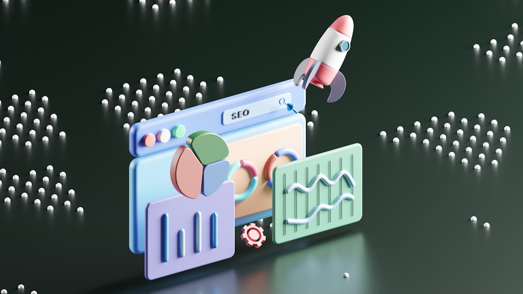 3D illustration of a rocket launching from an SEO browser window beside charts and graphs in a stylized scene.