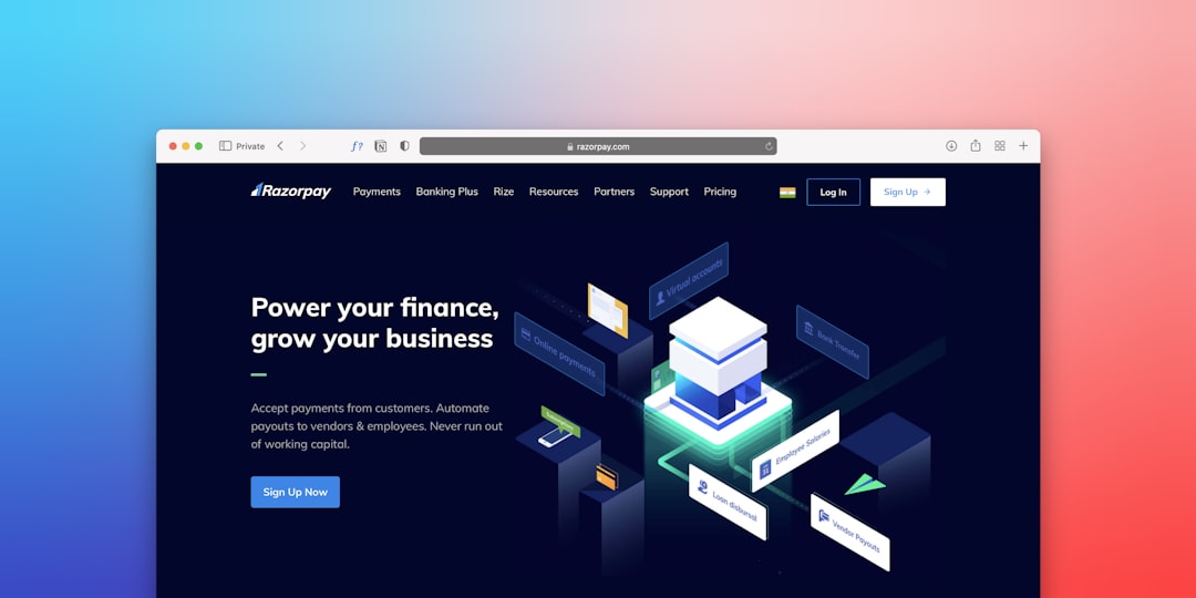 Razorpay homepage hero with dark blue background showing isometric financial blocks and the headline 'Power your finance, grow your business' and a Sign Up button.