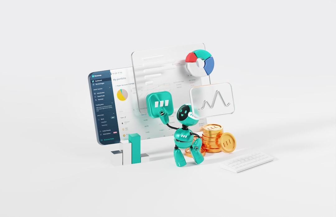 Teal robot with raised hand beside floating data charts, pie chart, line graph, and a stack of coins representing data analytics and finance.