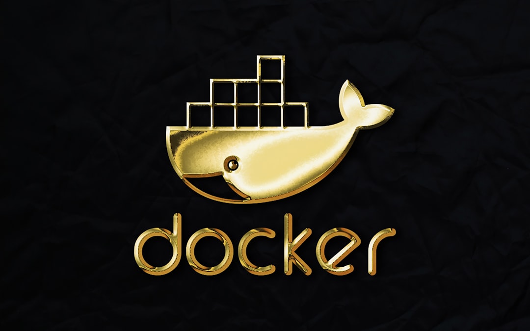 Golden Docker whale logo with stacked blocks on its back, set on a black textured background (brand emblem).