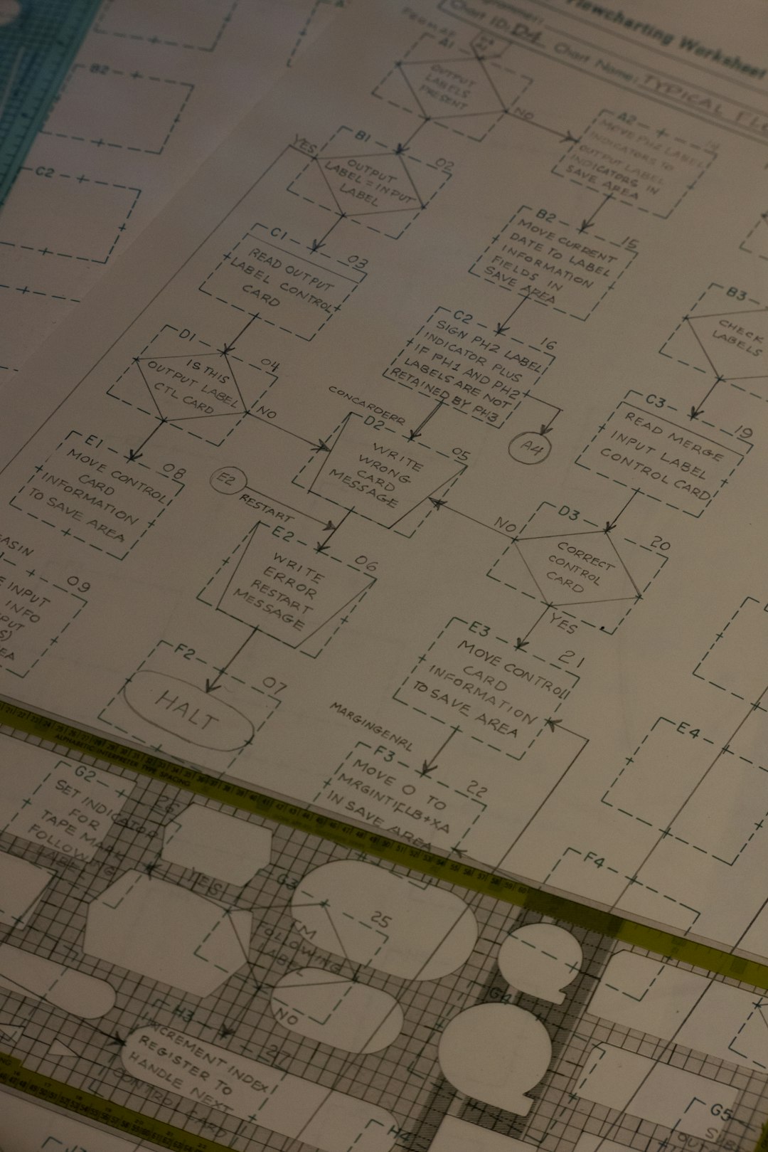 Technical blueprint showing a flowchart-like process diagram with connected boxes and arrows on graph paper and a measuring tape across the page.