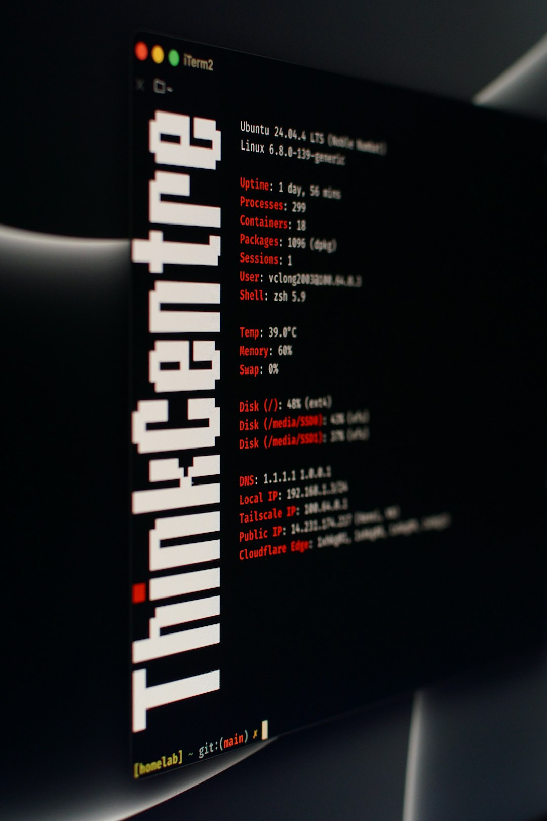 Terminal window on a dark screen showing Linux system stats (Uptime, Processes, Memory, Disk) with Ubuntu 24.04 LTS and a large vertical 'LINUX' watermark