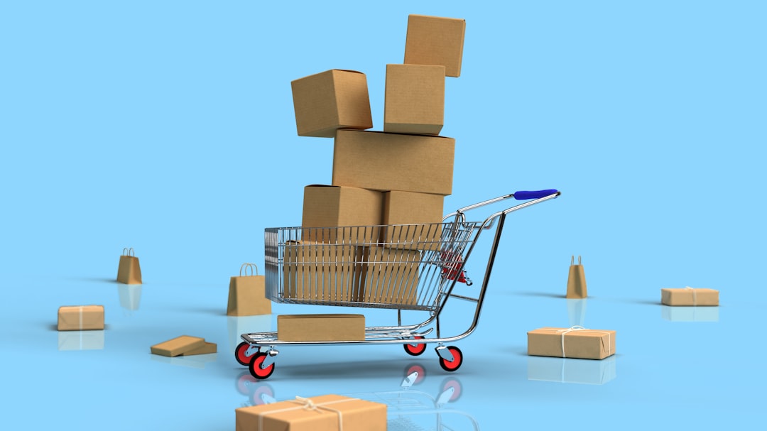 Shopping cart overflowing with stacked cardboard boxes on a bright blue background.