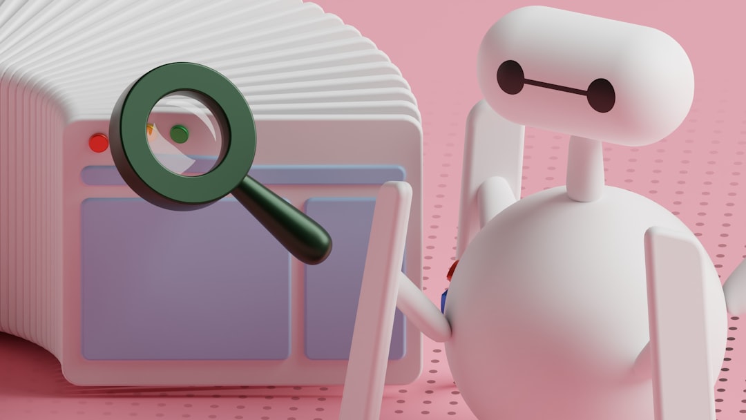 3D white robot holds a magnifying glass to inspect a large retro data storage device against a pink background.