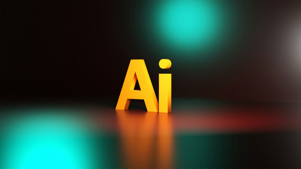 Orange 3D letters 'Ai' standing on a reflective surface with a teal glow in a dark background, suggesting artificial intelligence.