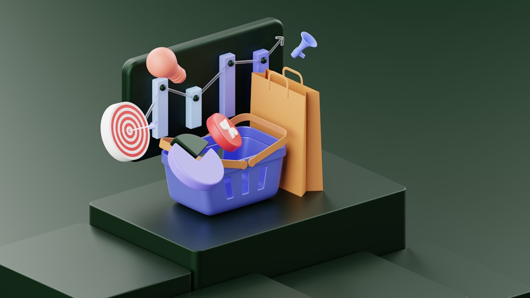 3D illustration of a shopping bag and a purple basket with charts and a target, symbolizing shopping analytics on a green pedestal.
