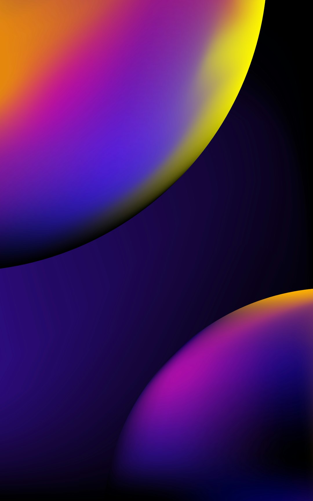 Abstract, glossy gradient spheres in purple, yellow, orange on a dark background, abstract art.