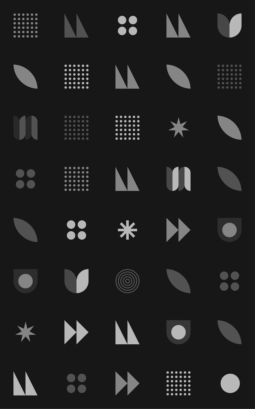 Abstract grid of grey geometric icons on a black background forming a decorative pattern.