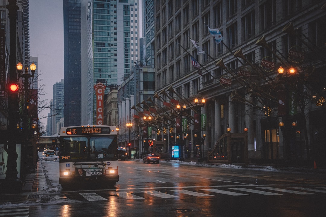 Bus on a wet Chicago street at dusk, tall office buildings, festive string lights, and crosswalks in view