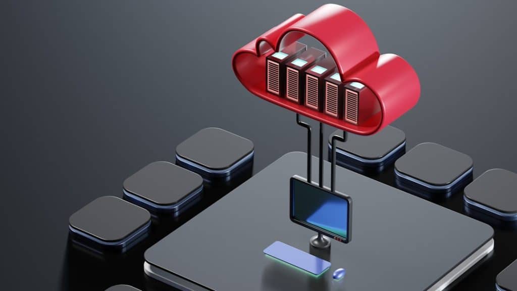 Illustration of a red cloud containing servers connected to a desktop monitor on a gray platform, representing cloud hosting.
